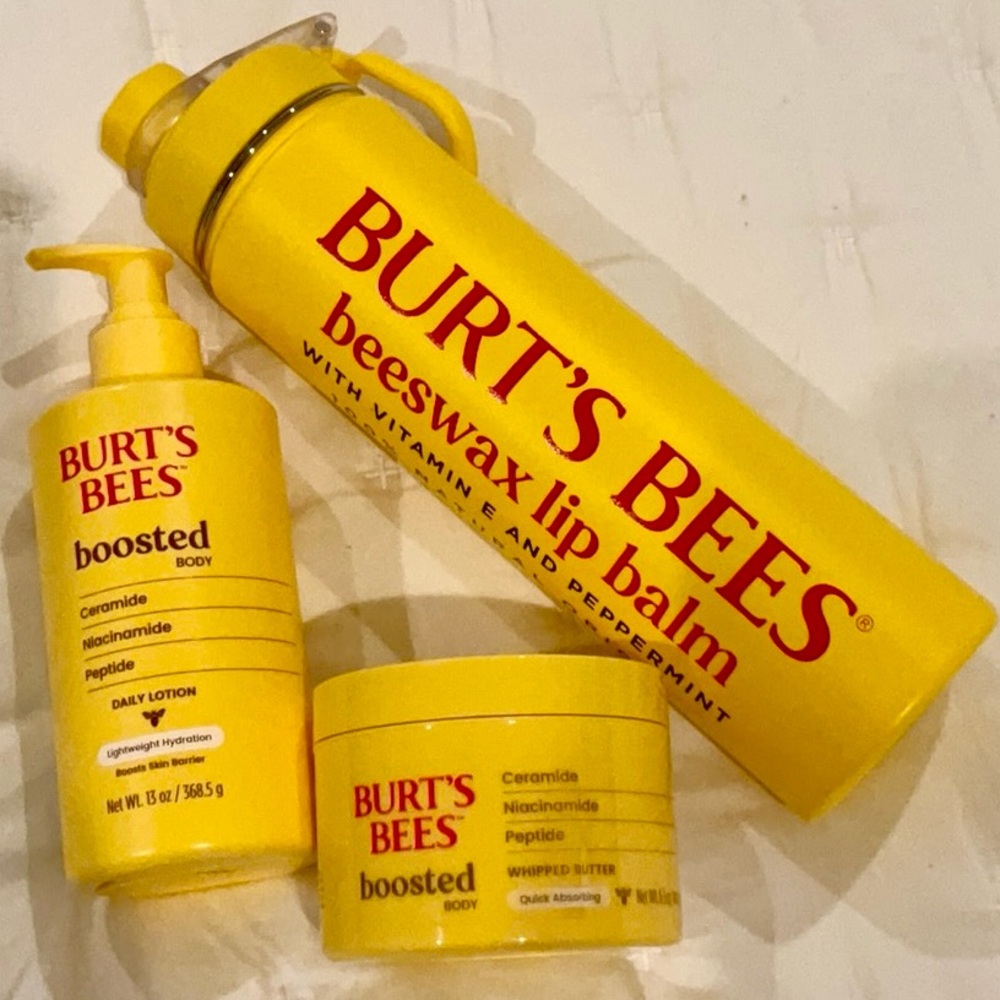 Burt's Bees water bottle and boosted daily lotion and whipped butter